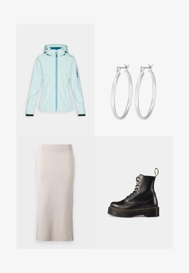 CMP ZIP HOOD - Soft shell striukė - acqua; Balta, raukšlėta ilgarankovė palaidinė su apvalia iškirpte. Pagaminta iš elastingos medžiagos, kuri prisitaiko prie kūno. Pasipuošusi subtiliomis horizontaliosiomis linijomis.; Pinti pieštukų sijonas šviesiai sviesto spalvos, su giliu juosmeniu, siaura danga ir šoniniu plyšiu, leidžiančiu laisvai judėti. Minkšta tekstūra, minimalus dizainas.; Juodi odiniai auliniai batai su raišteliais, turintys masyvų juodą pado ir geltoną siūlą. Su nugarinėmis kilpomis ir apvaliais metaliniais akių laikikliais.; Sidabriniai auskarai su sklandžiu, poliruotu paviršiumi. Apvalios formos ir saugus uždarymo mechanizmas. Lengvas dizainas, tinkantis kasdieniam dėvėjimui.