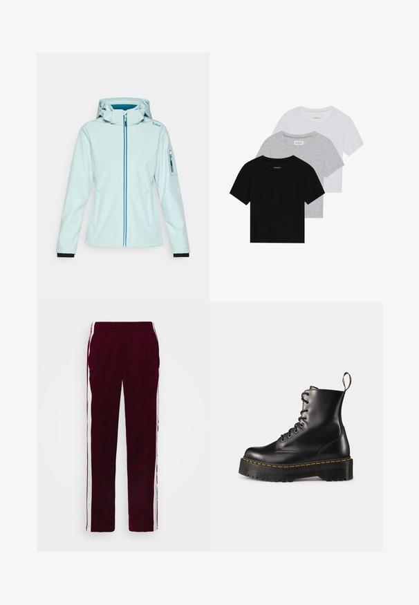 CMP ZIP HOOD - Jachetă softshell - acqua; Set de trei tricouri cu mâneci scurte, în negru, gri și alb. Fabricate din bumbac, cu guler rotund și un design simplu, de culoare uniformă.; Pantaloni atletici burgundii cu talie ajustabilă, dungi albe pe laterale și o croială slim. Confecționați dintr-un material neted și ușor.; Botine din piele neagră, cu șireturi, până la gleznă, cu o talpă chunky neagră și cusături galbene. Dispune de o etichetă de tragere la spate și orificii metalice circulare.