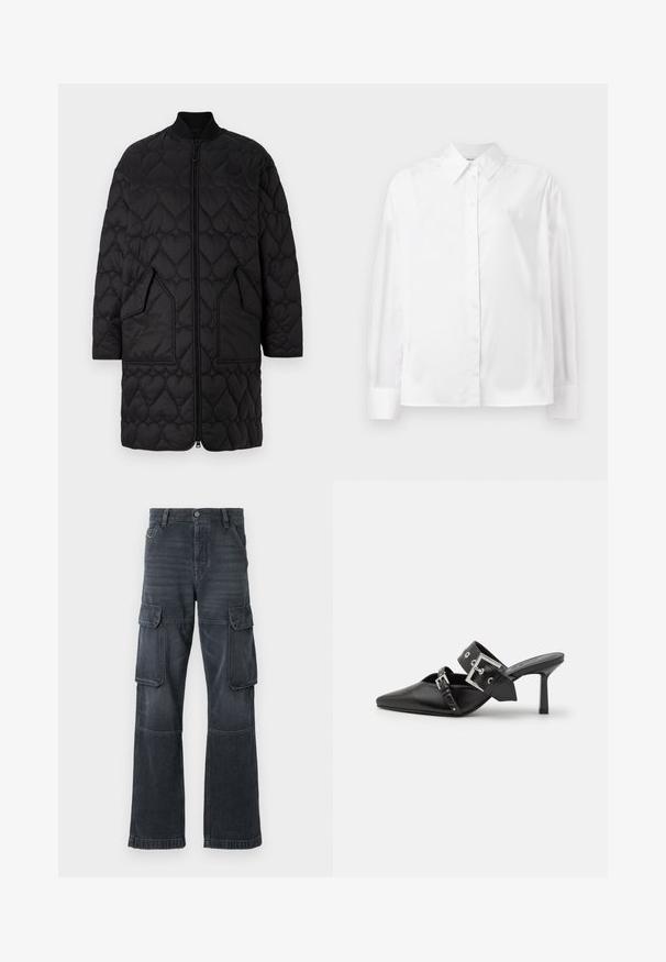 Sort quilteret jakke med hjerteformede mønstre, lynlås foran, ribbet krave og to skrå lommer. Glat finish med quiltede detaljer.; Hvid langærmet skjorte med knapper i en blød bomuldsblanding. Har en klassisk krave, frontlukning med knapper og rundede manchetter.; Mørkegrå cargo bukser lavet af denim, med to sidelommer og en bred ben design. Syede detaljer langs sømme og kanter.; Sorte højhælede mules med spids tå, lavet af glat læder. Har et bredt ankelrem med en firkantet sølv spænde og nitter.