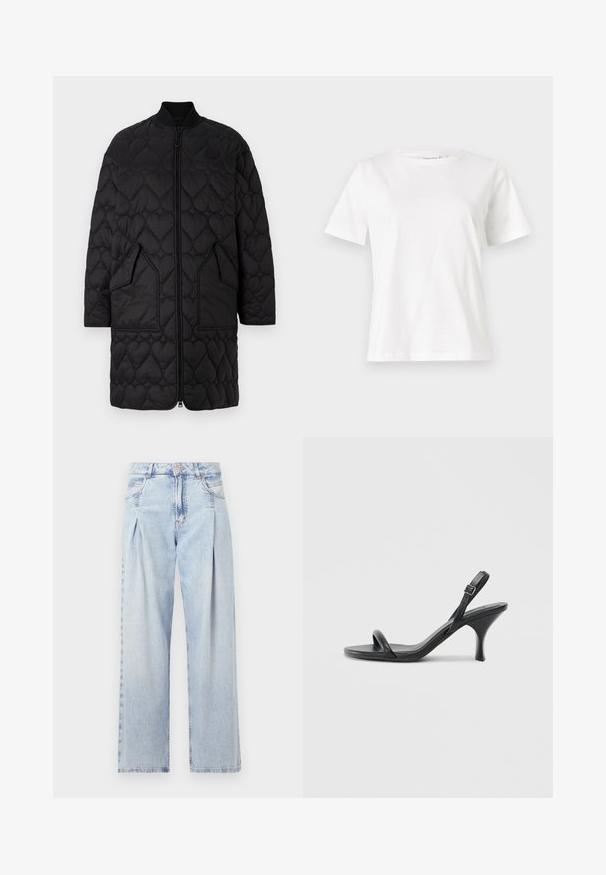 Čierny prešívaný kabát s vzormi v tvare srdca, predný zips, rebrovaný golier a dve šikmé vrecká. Hladký povrch s prešívaním.; Biela bavlnená tričko s krátkymi rukávmi, okrúhlym výstrihom a voľným strihom. Hladká textúra, bez vzorov alebo akcentov, minimalistický dizajn.; Svetlomodré džínsy s vysokým pásom, širším strihom po celej dĺžke, dvoma bočnými vreckami a skladaným dizajnom. Mäkka textúra s vyblednutým vzhľadom.; Čierne kožené sandále na vysokom podpätku s štíhlym, zakriveným podpätkom a prekríženým pásikovým dizajnom. Nastaviteľný pásik okolo členka. Hladká textúra.