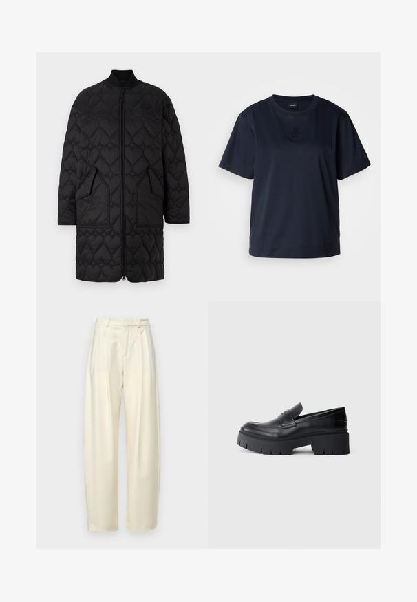 Cappotto trapuntato nero con motivi a forma di cuore, chiusura con zip, colletto a coste e due tasche angolate. Finitura liscia con dettagli a cucitura.; T-shirt a maniche corte blu navy realizzato in morbido cotone. Presenta un colletto rotondo e un logo ricamato discreto sul petto.; Pantaloni a pieghe a vita alta in tessuto crema chiaro. Presentano un taglio dritto e una texture liscia. Nessuna tasca o hardware visibile.; Mocassino platform nero chunky con tomaia in pelle liscia, fascia decorativa e suola spessa e testurizzata su sfondo bianco.