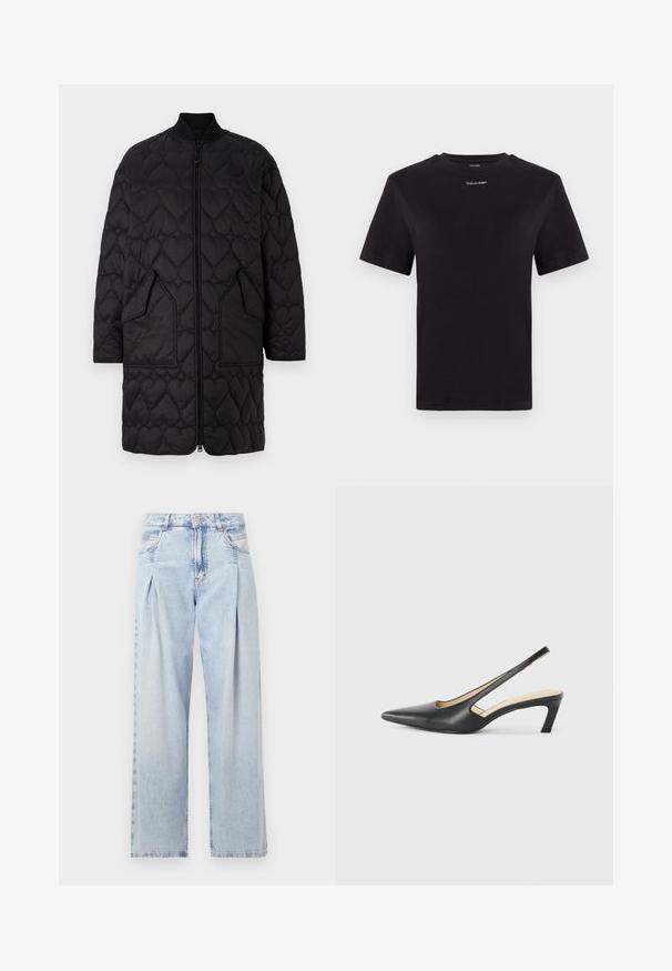 Černý prošívaný kabát s motivem srdce, zapínání na zip, žebrovaný límec a dvě šikmé kapsy. Hladký povrch s prošívanými detaily.; Černé bavlněné tričko s krátkými rukávy, kulatým výstřihem a malým bílým logem "Calvin Klein" na hrudi. Hladká textura, klasický střih.; Světlé modré džíny z denimu s vysokým pasem, širokým střihem, dvěma bočními kapsami a nařaseným designem. Měkká textura s vybledlým povrchem.; Černý špičatý slingback s nízkým podpatkem, vyrobený z hladké kůže, s výřezem na boku pro lepší prodyšnost.