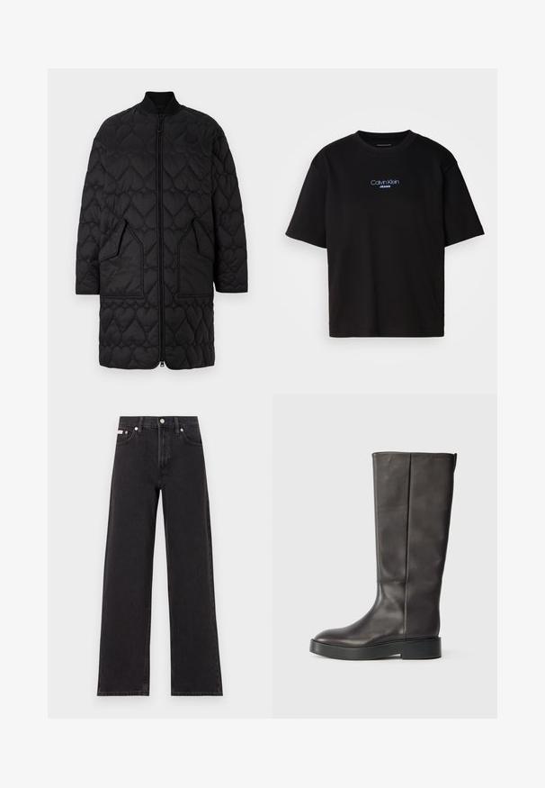 Crni kaput s kviltanim uzorcima u obliku srca, zatvaranje na zip, rebrasti ovratnik i dva kuta džepa. Glatka završna obrada s prošivenim detaljima.; Crna pamučna majica s okruglim izrezom, kratkim rukavima i plavim izvezenim logom "Calvin Klein JEANS" na prednjoj strani.; Crne široke traperice od denima, s visokim strukom, pet džepova i metalnim zatvaranjem s kontrastnim šavovima.; Crne kožne čizme do koljena s debelim đonom i suptilnim Calvin Klein logotipom blizu gornje ivice, prikazane sa strane.