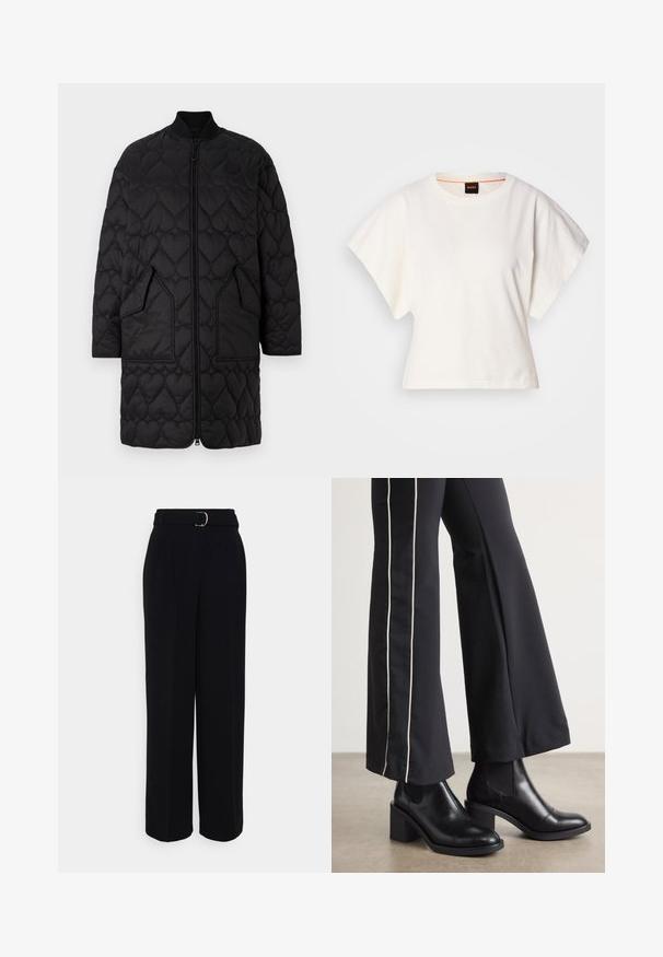 Crni kaput s kviltanim uzorcima u obliku srca, zatvaranje na zip, rebrasti ovratnik i dva kuta džepa. Glatka završna obrada s prošivenim detaljima.; Bijeli skraćeni T-shirt, široke kratke rukave, mekani pamučni materijal, okrugli izrez s suptilnim narančastim detaljem, minimalistički dizajn, bez uzoraka ili grafika.; Crne klasične hlače širokog kroja, sa remenom sa srebrnom kopčom, nabranim detaljima i glatkim tekstilom.; Crne kožne gležnjače s blok petom, s elastičnim bočnim panelima. Uparene s crnim hlačama koje imaju bijelu bočnu prugu.