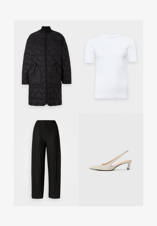 Abrigo negro acolchado con patrones en forma de corazón, cierre frontal con cremallera, cuello acanalado y dos bolsillos en ángulo. Acabado suave con detalles de costura.; Camiseta blanca de manga corta hecha de algodón. Presenta un cuello redondo y una textura suave, con unas costuras mínimas visibles en el dobladillo.; Pantalones anchos de pierna amplia, de color negro, con una cintura elástica. La tela presenta pliegues verticales y una textura suave.; Zapato slingback de punta en piel beige, con un diseño recortado, tacón de bloque de 5 cm y una textura suave. Acentos en la suela negra.