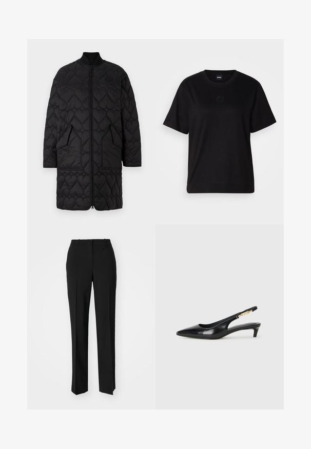 Čierny prešívaný kabát s vzormi v tvare srdca, predný zips, rebrovaný golier a dve šikmé vrecká. Hladký povrch s prešívaním.; Čierne bavlnené tričko s okrúhlym výstrihom, krátkymi rukávmi a vyšívaným logom na hrudi. Jednoduchý, voľný strih bez vzorov.; Čierne krajčírské nohavice so strihom rovného nohu, s hladkou textúrou a ostrými skladmi pozdĺž prednej časti. Žiadne viditeľné hardvér.; Čierne kožené slingback opätky s špicatou špičkou, s úzkym opätkom a zlatým detailom na nastaviteľnom remienku. Hladká textúra.