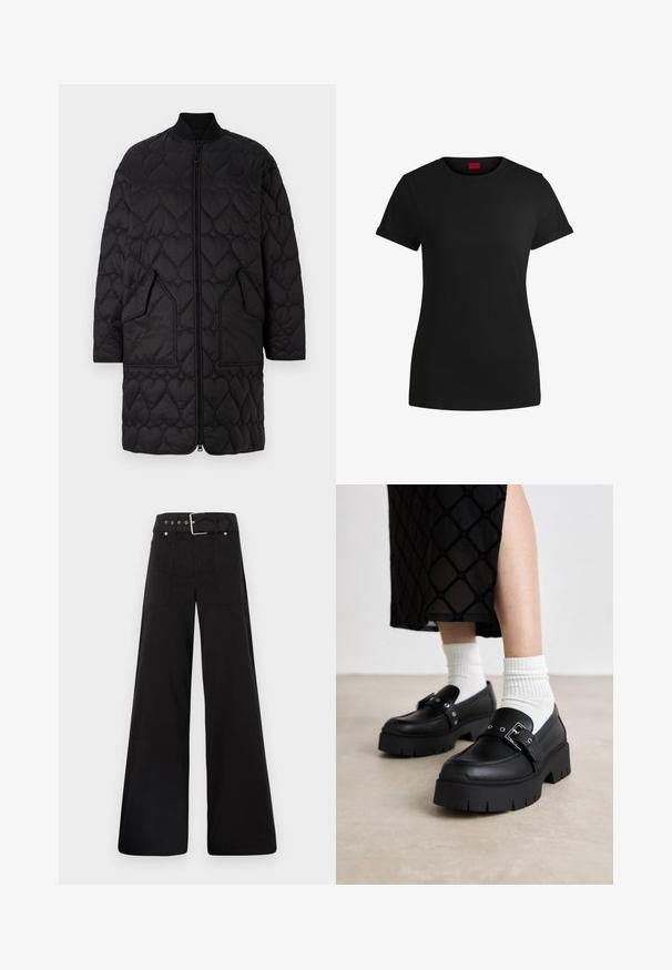 Svart quiltet jakke med hjerteformede mønstre, glidelås foran, ribbet krage og to skrå lommer. Glatt overflate med sømdetaljer.; Svart bomulls-t-skjorte med korte, rullede ermer, rund halslinning og rød etikett. Glatt tekstur, tettsittende fasong med minimale detaljer.; Sorte vidde bukser laget av bomull, med høy midje, store sidelommer og belte med sølv detaljer.; Svart plattform loafers med en glatt skinnfinish, med en spenne detalj og naglede akenter, sammen med hvite ribbede sokker.