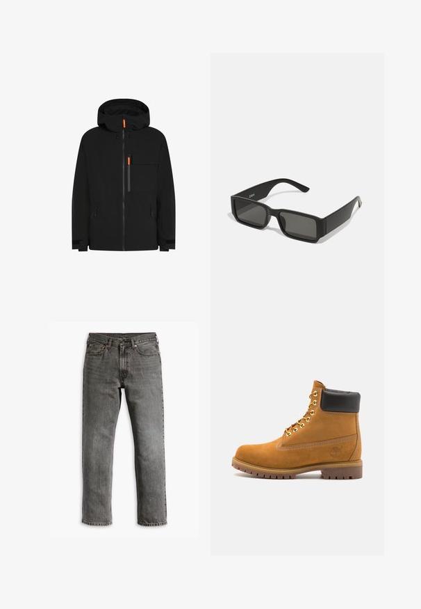 Melnā ūdensizturīgā jaka ar kapuci, ar oranžiem rāvējslēdzējiem, daudzām kabatām un regulējamām aprocēm. Gluda tekstūra un vienkāršs dizains.; Melns augsti stāvošs džemperis, kas izgatavots no mīksta adījuma materiāla. Tam ir garas piedurknes, ribota apkakle un apakšmala. Vienkāršs, elegants dizains bez rakstiem.; Pelēki džinsi ar taisnu kāju griezumu, piecu kabatu dizainu un misiņa aparatūru aizvēršanai un akcentiem. Redzama nolietota tekstūra.; Brūna zamša potīte ar melnu izšuvumu ap kaklu, zelta metāla acu caurumi, balta šuvju apdare un izturīgs gumijas zole ar izteiktu zīmējumu.; Melnas saulesbrilles ar taisnstūra lēcām, matēta plastmasas rāmja un taisnām malām. Uz iekšējās rokas ir zīmola logo.