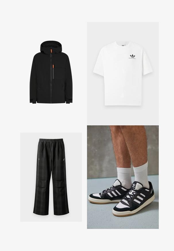 Melnā ūdensizturīgā jaka ar kapuci, ar oranžiem rāvējslēdzējiem, daudzām kabatām un regulējamām aprocēm. Gluda tekstūra un vienkāršs dizains.; Baltas kokvilnas T-krekls ar īsām piedurknēm, uz kura priekšpuses ir melns "BASKETBALL" logs un ikoniskais trīs svītru dizains.; Melnas kvadrātveida bikses ar elastīgu jostu, divām priekšējām kabatām un brīvu piegriezumu ar taisnām kājām. Izgatavotas no viegla materiāla.; Melnas un baltas kedas ar zamša un ādas augšdaļu, kas aprīkotas ar trim baltām svītrām, perforētu purngali un gumijas zolēm.