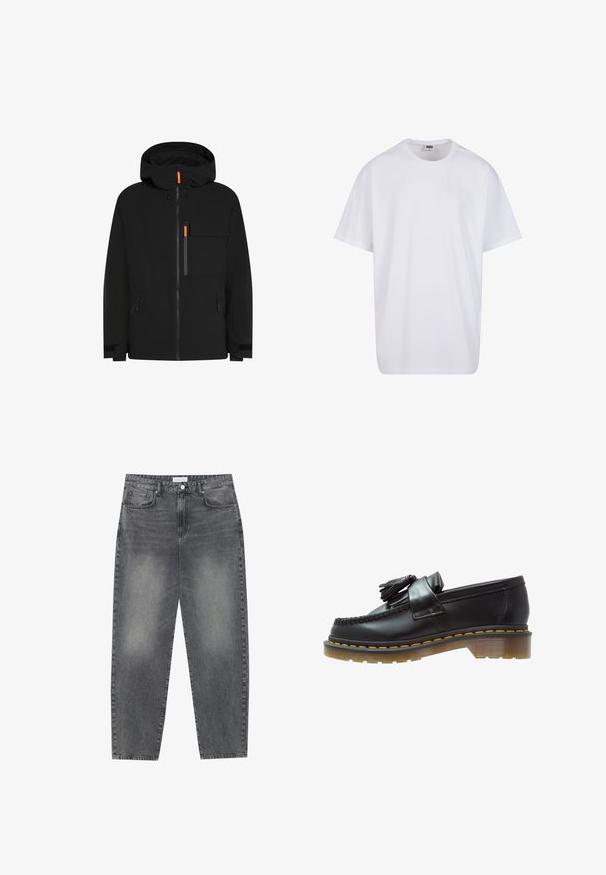 Svart vattentät jacka med huva, med orange dragkedjeförlängningar, flera fickor och justerbara ärmslut. Slät textur och enkel design.; Vit bomull t-shirt med korta ärmar, rundad halsringning, avslappnad passform och utan synliga logotyper eller mönster. Slät textur och minimal design.; Högmidjade, löst sittande jeans i blekt svart denim. Inkluderar fem fickor, bälteshällor och en ren, rak ben-design.; Svarta läderslippers med en texturerad yta, som har en dekorativ tofs och kontrasterande gul söm, på en kraftig, genomskinlig sula.