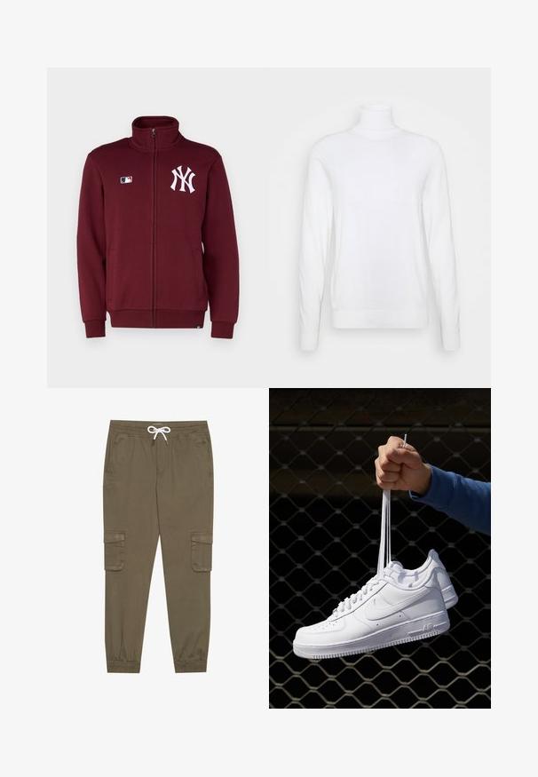 '47 NEW YORK YANKEES JACKET - Spordijakk - dark maroon; Valge kõrge kaelusega kampsun pikkade varrukatega, valmistatud siledast kangast. Omab sobivat lõiget ning üldiselt ribaroheline varrukate ja küljepidi. Ei sisalda mustreid ega aktsente.; Khaki cargo püksid elastse vöökoha ja stringiga, külgtaskud ja voltidega pahkluude juures. Valmistatud tekstureeritud, kerget materjalist.; Valged nahast tennisetossud, millel on perforatsioonid, ümar nina, lame tallus ja paksud nöörid, nähtava swooshi logoga ja "AIR" kontsadel.