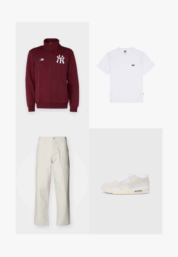 '47 NEW YORK YANKEES JACKET - Verryttelytakki - dark maroon; Valkoinen puuvillainen t-paita lyhyillä hihoilla, jossa on pieni musta logo rinnassa ja tagi vasemmassa alakulmassa.; Harmaat vaaleat leveät housut, jotka on valmistettu puuvillasta. Varustettu etutaskuilla ja nappikiinnityksellä. Sujuva rakenne, jossa on hienovaraisia pystysuoria viivoja.; Tennarit, joissa on vaaleanbeige synteettinen päällinen, valkoiset nauhat ja näkyvä vaimennus. Ominaisuuksiin kuuluu sileä pohja ja huomaamattomat sivukiinnikkeet.