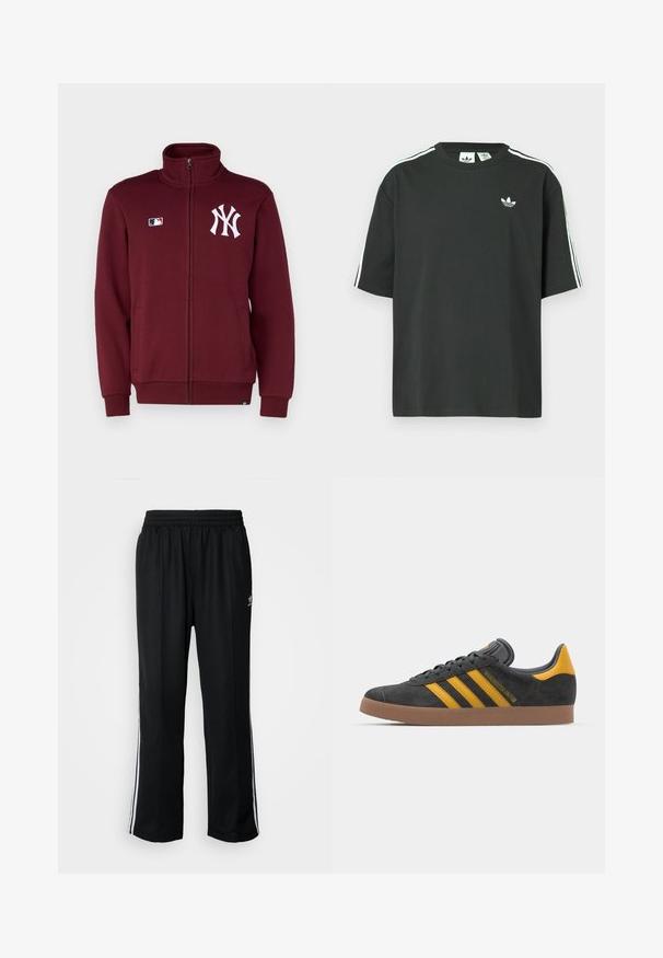 '47 NEW YORK YANKEES JACKET - Tréning dzseki - dark maroon; Fekete pamutpóló rövid ujjakkal, kerek nyakkivágással és fehér háromcsíkos mintázattal a vállakon. A mellrészen kis fehér logó található.; Fekete sportnadrág rugalmas derékrésszel, fehér oldalsávokkal és egy kis logóval. Az anyaga lágy és könnyűnek tűnik.; Fekete velúrbőr sportcipő sárga díszítéssel, három csíkkal és barna gumitalppal. Párnázott nyelvével a kényelem érdekében.