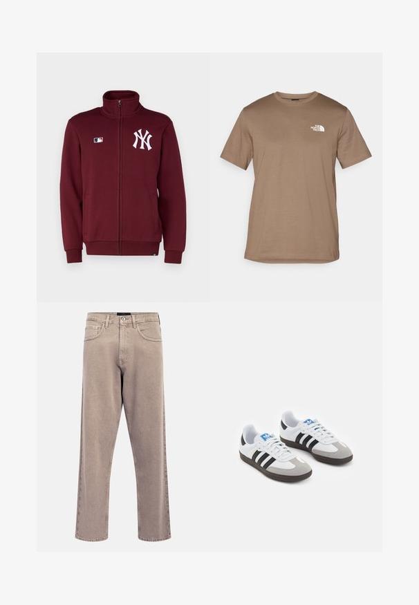 '47 NEW YORK YANKEES JACKET - Giacca sportiva - dark maroon; T-shirt corto marrone a maniche corte in cotone con collo a girocollo a coste. Presenta un piccolo logo bianco sulla parte sinistra del petto.; Jeans beige chiaro a gamba dritta con una texture leggermente sbiadita, design a cinque tasche e chiusura con bottone metallico. Dettagli di cuciture evidenti.; Scarpe sportive con tomaia in pelle bianca, punta in suede grigia e tre strisce nere. Presentano un logo blu sulla linguetta e una suola in gomma testurizzata.