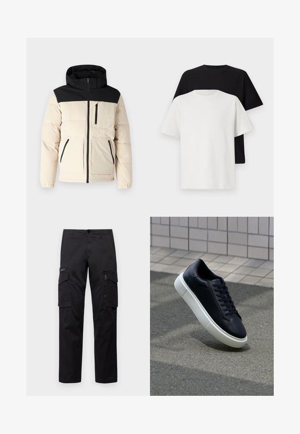 Bunda s kapucí typu puffer s krémovým tělem a černou horní částí, zipové zapínání, dvě přední zipové kapsy a prošívaná textura.; Sada bavlněných triček, která obsahuje černé a bílé tričko, obě s krátkým rukávem, kulatým výstřihem a standardním střihem. Texturovaná látka.; Černé cargo kalhoty s několika kapsami, zipovou kapsou na stehnu, přímým střihem a pevnou bavlněnou tkaninou s lehkým leskem.; Černé kožené tenisky s kulatou špičkou a bílou gumovou podrážkou. mají ploché tkaničky a minimální šití na svršku. Texturovaná podrážka pro lepší přilnavost.
