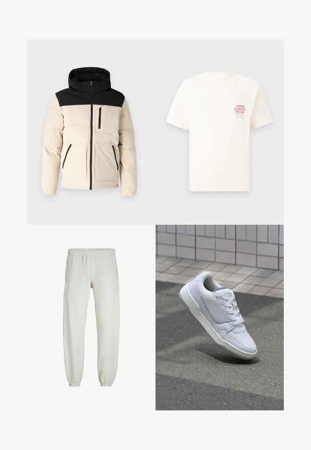 Kurtka puchowa z kremowym korpusem i czarną górną częścią, z zapięciem na zamek, dwoma przednimi kieszeniami na zamek oraz kapturem, o pikowanej fakturze.; Biała koszulka z krótkim rękawem z czerwonym napisem "Studio Originals Edition" po lewej stronie klatki piersiowej, wyeksponowana na neutralnym szarym tle.; Białe dresy wykonane z miękkiego materiału, z elastycznym pasem i mankietami, o gładkiej fakturze i luźnym kroju.; Białe skórzane trampki z perforowanymi bokami, teksturowanymi akcentami, płaskimi sznurowadłami i kontrastującym szarym obcasem. Posiadają lekko podniesioną podeszwę.