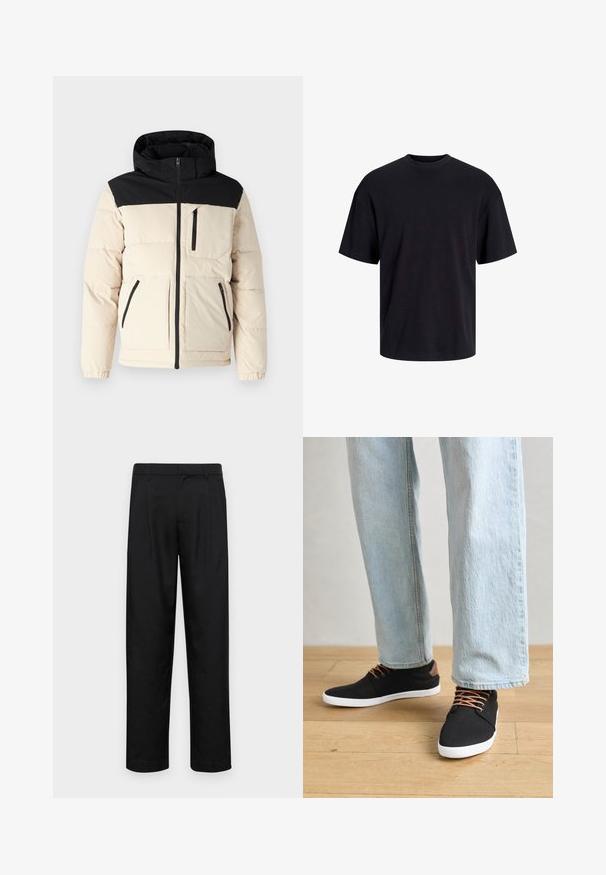 Chaqueta acolchada con un cuerpo color crema y sección superior negra, cierre con cremallera, dos bolsillos frontales con cremallera y capucha, con textura acolchada.; Camiseta de algodón negra con cuello redondo, mangas cortas y un ajuste relajado. Textura suave y sin patrones ni acentos visibles.; Pantalones negros de tela suave, con un diseño de pierna recta, dos pliegues frontales y una cintura estándar con trabillas para el cinturón.; Zapatillas de lona negras con detalles marrones, suelas de goma blanca y cordones marrones, combinadas con jeans rectos de color azul claro. Fondo de suelo de madera.