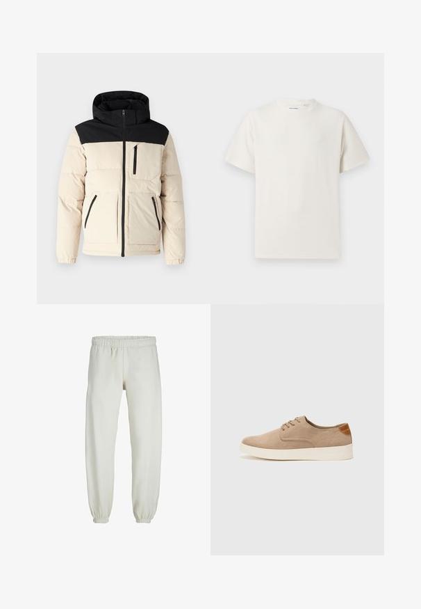 Pufinis švarkas, turintis kreminį korpusą ir juodą viršutinę dalį, su užtrauktuku, dviem priekiniais užtrauktukais kišenėmis ir kapišonu, su užsegimo tekstūra.; Balta trumpa rankovė T-polo marškinėlių su juostelėmis tekstūra. Apvalus iškirpimas, laisvas fasonas, jokių matomų raštų ar akcentų. Paprastas ir universalus dizainas.; Baltos sportinės kelnės, pagamintos iš minkštos medžiagos, su elastinga juosmeniu ir rankogaliais, turinčios lygią tekstūrą ir laisvą siluetą.; Bežiniai zomšiniai sportbačiai su apvaliomis pirštų dalimis, raišteliais priekyje ir tekstūruotu užkulniu. Balta guma suteikia kontrastą. Paprastas ir modernus dizainas.