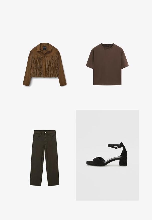 Braune Wildleder-Cropped-Jacke mit Fransenverzierungen an der Vorderseite und den Ärmeln, mit einem Kragen und Knopfverschluss.; Braunes Baumwoll-T-Shirt, kurze Ärmel, runder Halsausschnitt, lockere Passform, glatte Textur, minimalistisches Design, keine sichtbaren Muster oder Akzente.; Dunkelgrüne Jeans im weit geschnittenen Style, hergestellt aus einem Baumwollgemisch. Sie verfügen über einen Frontknopfverschluss, fünf Taschen und klassische Denim-Nähte.; Schwarze Wildleder-Espadrilles mit einem dünnen Knöchelriemen, offener Zehenpartie und moderatem Blockabsatz. Glatte Textur und minimale Akzente.