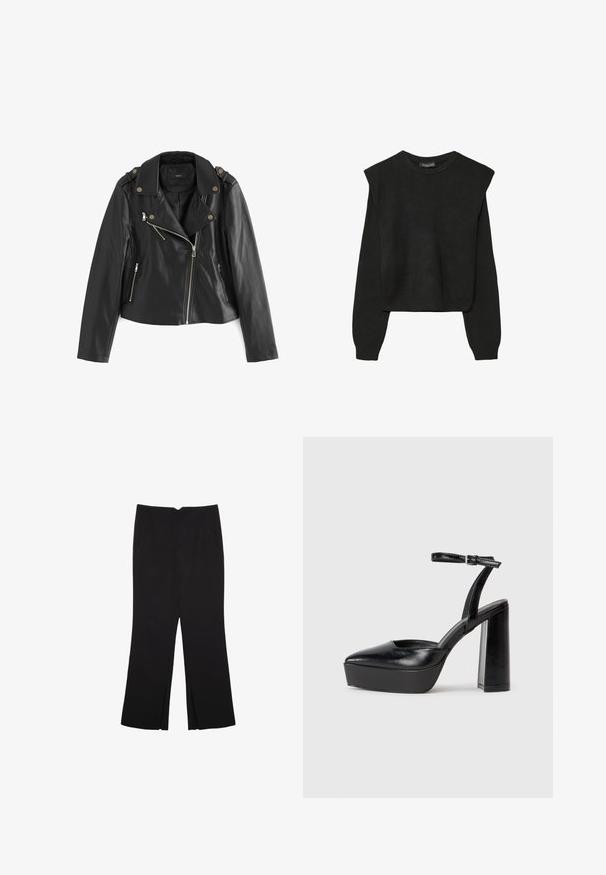 Next BIKER - Jakna iz umetnega usnja - black; Črn dolgi pulover iz pletenine z oblazinjenimi rameni ter rebrastimi manšetami in robom, prikazan na beli podlagi.; Črne hlače ravnega kroja z naglavnimi žepi in stranskimi razporki na robu. Narejene iz mehke, gladke tkanine. Primerne za različne priložnosti.; Črne platforme z visokimi petami in koničastim nosom ter nastavljivim gležnjenjskim trakom. Narejene iz gladke usnje, s kockasto peto.