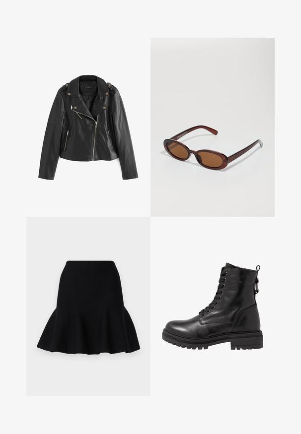 Next BIKER - Veste en similicuir - black; Pull à col roulé noir en tricot doux. Présente des manches longues et un design ajusté avec un ourlet droit.; Jupe évasée noire en tissu doux. Dotée d'une taille ajustée et d'un ourlet ondulé, créant une apparence superposée.; Bottine en cuir noir avec bout arrondi, devant à lacets et semelle en caoutchouc texturé. Comprend une languette au dos et des coutures renforcées.; Lunettes de soleil rondes teinte brun avec une monture bordeaux brillante. Branches fines avec un détail de marque subtil. Design de verres plats.