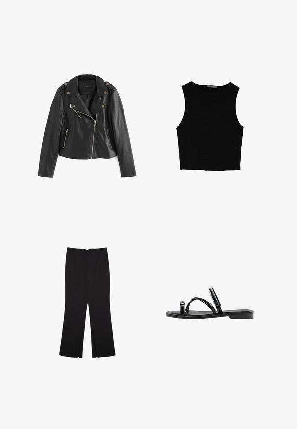 Next BIKER - Kunstlederjacke - black; Schwarzes ärmelloses Crop-Top aus glattem Stoff, mit rundem Ausschnitt und einem klaren, schlichten Design ohne Muster oder Beschläge.; Schwarze Hose mit geradem Schnitt, ausgestattet mit Fronttaschen und Seitenschlitzen am Saum. Hergestellt aus weichem, glattem Stoff. Geeignet für verschiedene Anlässe.; Schwarze flache Sandalen mit glänzender Oberfläche, drei dünnen Riemen und einem runden Hardware-Detail an den Zehen. Elegantes Design mit einem minimalen Absatz.