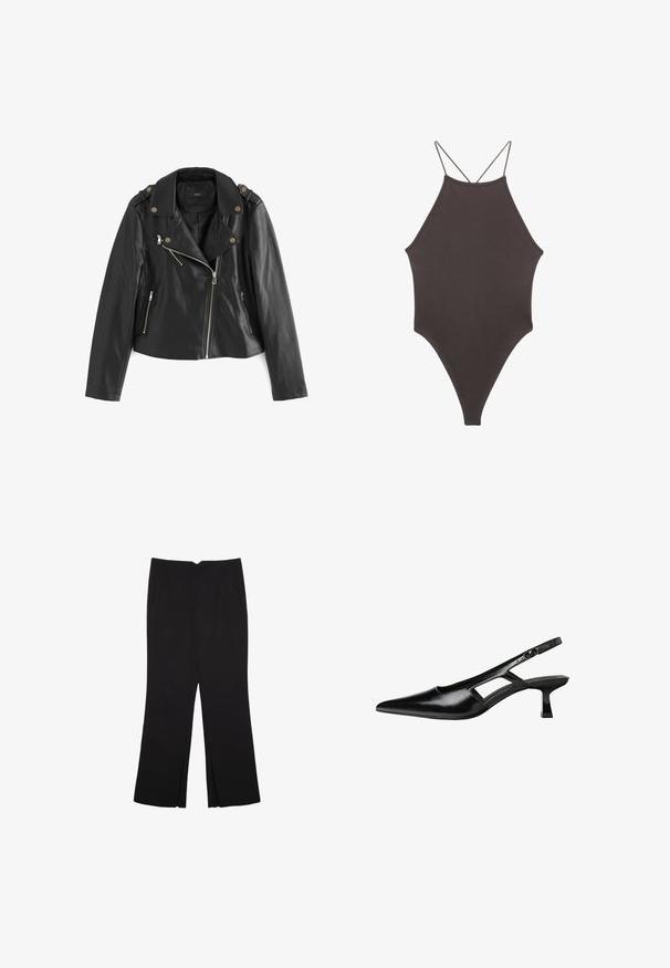 Next BIKER - Bunda z nepravej kože - black; Hnedé, vysoký krk jednodielne plavky s tenkými, nastaviteľnými ramienkami; s vysokým strihom na nohách a hladkým povrchom. Bez vzorov alebo ozdôb.; Čierne nohavice so strihom rovného strihu, s prednými vreckami a bočnými rozparkami na leme. Vyrobené z mäkkej, hladkej tkaniny. Vhodné na rôzne príležitosti.; Čierne lakované kožené lodičky na podpätku s špicatou špičkou, výrezovým dizajnom na boku a malým štvorcovým podpätkom. Hladký povrch s minimálnymi akcentmi.