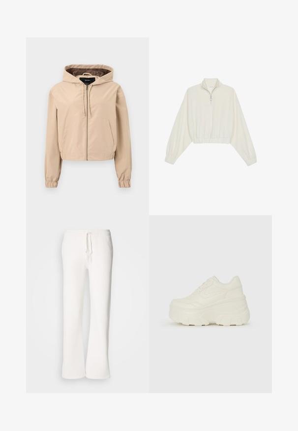 Kuttet beige jakke laget av et glatt, lett materiale. Har hette, glidelås lukking og elastiske mansjetter. To frontlommer.; Kort genser i kremfarget stoff, med høy krage, halv glidelås, elastisk nederste kant og mansjetter, med en glatt tekstur og minimalistisk design.; Hvite, avslappede joggebukser laget av myk stoff, med elastisk liv med snor og rett ben-design.; Hvite plattformsnickers med en glatt læraktig overdel, avrundet form, polstret krage og teksturert gummisåle med tydelige dekk.