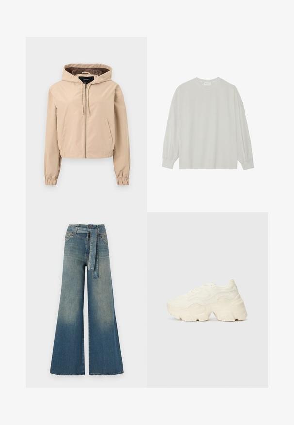 Cropped beige jacket made of a smooth, lightweight material. Features a hood, zip closure, and elastic wrist cuffs. Two front pockets.; Light gray long-sleeve t-shirt made of soft cotton. Features a loose fit, round neckline, and gently gathered cuffs. No patterns or graphics.; Wide-leg denim trousers featuring a light to dark blue gradient, high waist, belt loops, and a matching fabric belt. Textured denim finish.; Chunky white sneakers made of textured mesh and synthetic materials, featuring a thick sole and intricate pattern details along the sides.