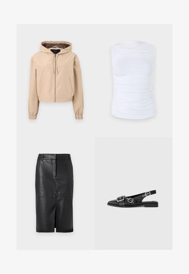 Oříznutá béžová bunda vyrobená z hladkého, lehkého materiálu. Má kapuci, zipové zapínání a elastické manžety na rukávech. Dvě přední kapsy.; Bílý bezrukávový top vyrobený z hladkého, elastického materiálu s nabranými detaily po stranách, s kulatým výstřihem a těsným střihem.; Černá kožená tužková sukně s předním rozparkem, s hladkým povrchem, dvěma bočními kapsami a přiléhavým střihem.; Černé kožené slingback boty s špičatou špičkou, dvěma stříbrnými sponami a nízkým blokovým podpatkem. Vyznačují se texturovaným svrškem a otevřenou zadní částí.
