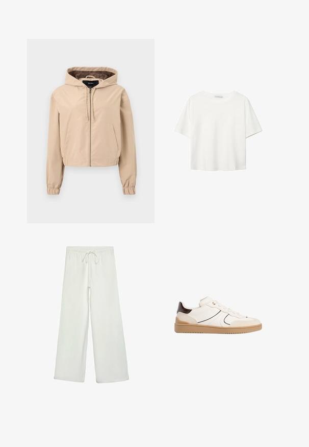 Beskuren beige jacka i ett mjukt, lätt material. Har huva, dragkedjestängning och elastiska ärmmanchetter. Två framfickor.; Vit t-shirt med kort ärm i bomull. Har en rundad halsringning och en avslappnad passform. Slät textur utan synliga mönster eller detaljer.; Vita vida byxor i mjukt tyg. Har en elastisk midja med dragsko och en slät yta. Inga synliga mönster eller metalldetaljer.; Stradivarius Sneakers - white