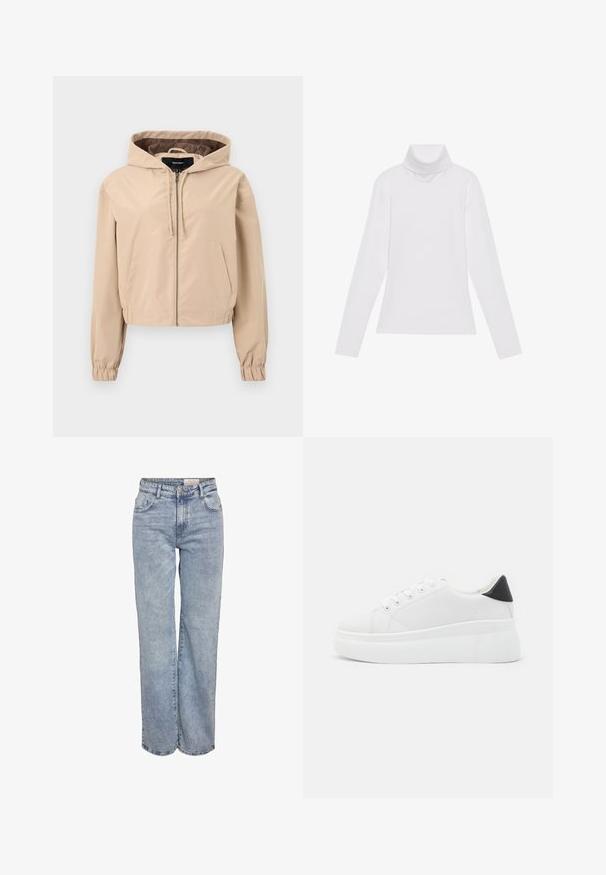 Chaqueta beige recortada hecha de un material ligero y suave. Cuenta con capucha, cierre de cremallera y puños elásticos. Dos bolsillos delanteros.; Top blanco de manga larga y cuello alto, confeccionado en una tela suave y elástica. Presenta un diseño ajustado, sin patrones o adornos visibles.; Jeans de pernera ancha en azul claro, elaborados en denim, con cintura alta, diseño de cinco bolsillos y un ligero desvanecimiento que les da un aspecto usado.; Zapatillas de plataforma blancas hechas de material sintético suave, con punta redondeada, diseño de cordones y suela de goma texturizada. Acento en el talón negro.