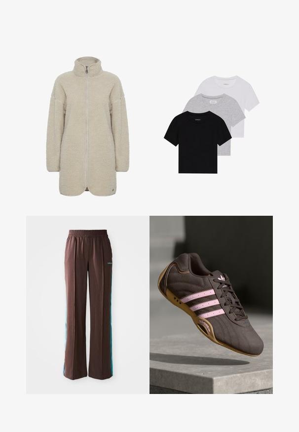 Oxmo OXTOVA TEDDY - Fleece jacket - oyster; Set of three short-sleeve t-shirts in black, gray, and white. Made from cotton, featuring a crew neck and a simple, solid color design.; Brown athletic pants with a ribbed texture, elastic waistband, and turquoise side stripes. Features the adidas logo on the front.; Brown suede athletic shoe with pink stripes and logo, featuring a textured upper, lace closure, and a gum rubber sole.