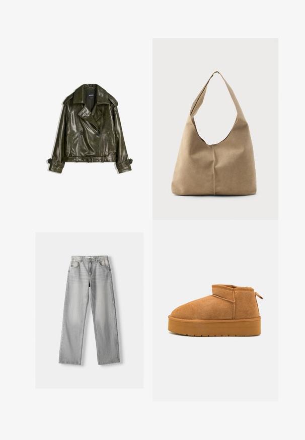 Cropped dark green leather jacket with a double-breasted design, large lapels, and two front pockets. Features adjustable cuffs and a belt.; White short-sleeve blouse with vertical and chevron stripes, featuring a front zipper, pointed collar, and two front pockets.; Light gray denim jeans with a straight-leg design, featuring two front pockets, a button closure, and subtle fading for texture.; Brown suede ankle boots with a rounded toe, low-cut design, and a textured rubber sole featuring a slight platform and pull tab.; Hobo bag in soft beige suede with a slouchy shape, wide shoulder strap, and a hand-stitched seam detail along the front.