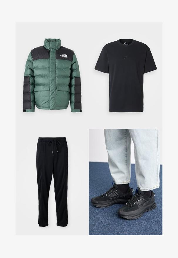 Tume roheline puhvjakakk mustade aksentidega. Omab kõrget kraed, joonistatud disaini, kahte esist taskut ja logo vasakul ülaservas.; Nike musta mustast puuvillast T-särk klassikalise ümmarguse kaelusega, lühikeste varrukatega ja õrna, reljeefse logoga rinnal. Sile tekstuur.; Mustad nööridega vööga igapäevased mustad püksid, külgseamipocketid ja sirge sääre lõikega, ühtlasel taustal.; Mustad mustad jooksukingad, millel on tekstureeritud kangas ja kummist tallad, elastsed nöörid ning sinine aksent kandadel. Kandmine heledate teksadega.