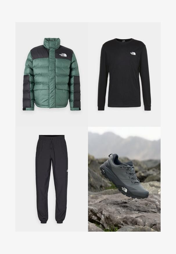 Puhasta jakna v temno zeleni barvi z črnimi poudarki. Ima visok ovratnik, prešito zasnovo, dva sprednja žepa in logo na zgornji levi strani.; Črna majica z dolgimi rokavi iz bombaža, ki ima beli logotip na levem prsnem delu in rebraste manšete. Gladka tekstura z okroglim izrezom.; Črne atletske hlače iz lahkega materiala, ki imajo elastični pas z vezalko, stranske žepe in zožene manšete na gležnjih.; Sive teka za trail tek, z teksturirano zgornjimi deli, trpežnim gumijastim podplatom in ojačanim kapico za prste. Ima vezi in logotip blagovne znamke na strani.