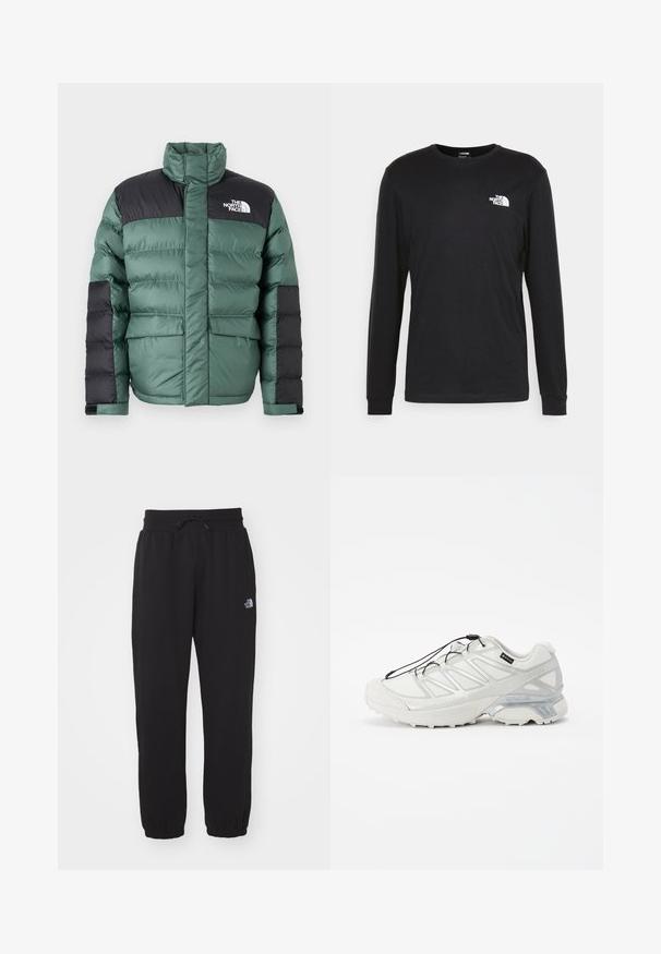 Sötétzöld puffasztott kabát fekete díszítésekkel. Magas gallérral, steppelt dizájnnal, két elülső zsebbel és logóval a bal felső oldalon.; Fekete, hosszú ujjú pamut póló, bal mellrészen fehér logóval és bordázott mandzsettákkal. Sima textúrájú, kerek nyakkivágással.; Fekete melegítőnadrág puha anyagból, elasztikus derékrésszel, húzózsinórral, szűkített bokákkal és egy kis logóval a comb felső részén.; Fehér sportcipő strukturált hálós felsőrésszel, fényvisszaverő részletekkel és párnázott talppal. Rugalmas fűzőkkel és szürke díszítéssel rendelkezik.