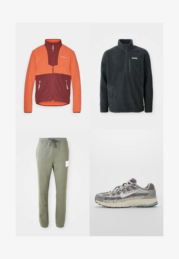 Nugara striukė oranžinės ir burgundiškos spalvų, su užtrauktuku priekyje, aukštu apykakle ir dviem šoninėmis kišenėmis su užtrauktukais.; Tamsiai pilkas fliso megztinis su aukštu apykakle, pusiau užtrauktuku priekyje, užtrauktuku užsegama krūtinės kišene ir šoninėmis rankų kišenėmis, pagamintas Columbia.; Balta medvilnės marškinėliai su trumpomis rankovėmis, apvalia iškirpte, kuriuose kairėje krūtinės pusėje yra mažas auksinis logotipas. Minkšta tekstūra ir reguliari forma.; Šviesiai pilkos, siaurinančios sportinės kelnės su elastingu juosmeniu, raišteliu, šoninėmis kišenėmis, kulkšnies raišteliais ir maža balta prekės ženklo etikete dešinėje šlaunyje.; Pilkas sportinis batas su tinklu ir zomšos viršutine dalimi, baltomis detalėmis, paminkštintu padu ir išskirtiniu dizainu su atspindinčiais elementais.