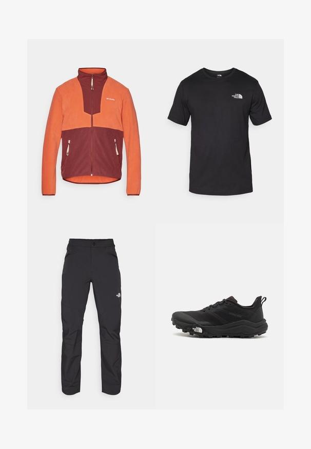 Narancssárga és bordó fleece dzseki, cipzáras elülső résszel, magas gallérral és két oldalsó zsebbel, amelyeken húzózsinór található.; Fekete rövidujjú pamut póló, kerek nyakkivágással, a bal felső mellkason egy kis fehér logóval.; Fekete kültéri nadrág, cipzáras elülső zsebbel, szintetikus anyagból készült, szűkített lábakkal és megerősített térdpanelekkel. Gombos záródással rendelkezik.; Fekete terepfutó cipő, textúrált felső résszel, gumitalppal és megerősített lábujjrészével. Párnázott bokarésszel és húzófüllel rendelkezik a könnyű felhúzáshoz.
