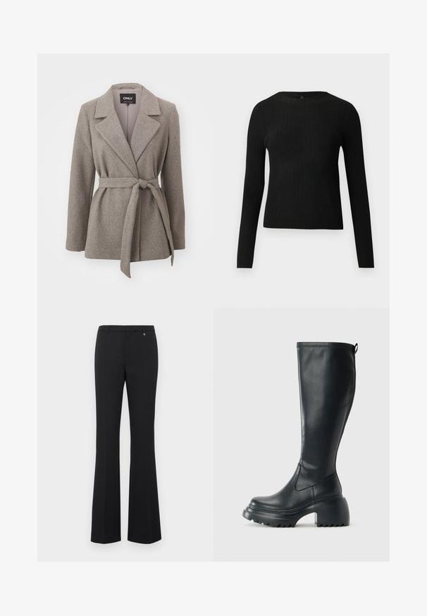 Szürke öves blézer, textúrált anyagból készült, füles gallérral, hosszú ujjakkal és megkötött derékkal a precíz illeszkedés érdekében.; Fekete bordázott, hosszú ujjas, testhez simuló pulóver kerek nyakkivágással, világos, egyszínű háttér előtt kiemelve.; Fekete, lágy anyagból készült, trapéznadrág. Közepes derekú, övhurkokkal, lapos elülső résszel és egy kis arany díszítéssel a derékpánt közelében.; Magas fekete bőrcipő, vastag platform talppal és blokk sarokkal, húzófüllel és texturált profillal az outsole-on.