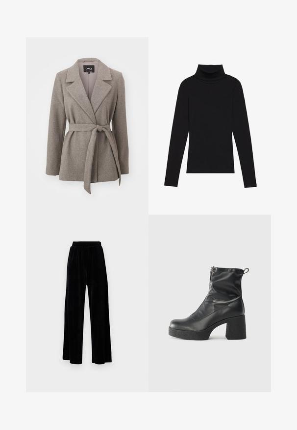 Grå belted blazer laget av teksturert stoff, med snittet krage, lange ermer, og knyttet midje for en skreddersydd passform.; Svart høyhalset langermet topp, laget av ribbestrikket stoff, har en tettsittende design med høy hals og uten mønstre eller dekorasjoner.; Sorte vide bukser laget av myk vernet, med elastisk midjebånd og en jevn tekstur, uten synlige detaljer eller mønstre.; Svarte ankelstøvler laget av glatt lær, med glidelås på siden, chunky strukturert hæl, og rund tå-design.