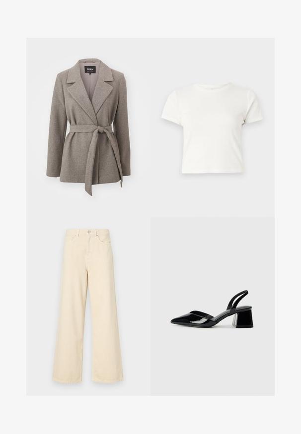 Pilkas diržuotas švarkas, pagamintas iš tekstūruotos medžiagos, turintis išpjautą apykaklę, ilgas rankoves ir surištą juosmenį, užtikrinantį pritaikytą stilių.; Trumpa balta medvilnės marškinėliai su trumpomis rankovėmis, apvaliu kaklu ir tiesiu hemu, pasižyminti lygiu tekstūriu ir minimaliu dizainu.; Bežinės plačios kojos džinsai, pagaminti iš medvilnės. Turintys sagos uždarymą, diržo kilpas ir priekinės kišenes su lygia, švelnia tekstūra.; Juodos lakuotos odinės šlepetės su smailiu pirštu ir geometriniu bloko kulnu. Turi elegantišką, minimalistinį dizainą ir lygų paviršių.