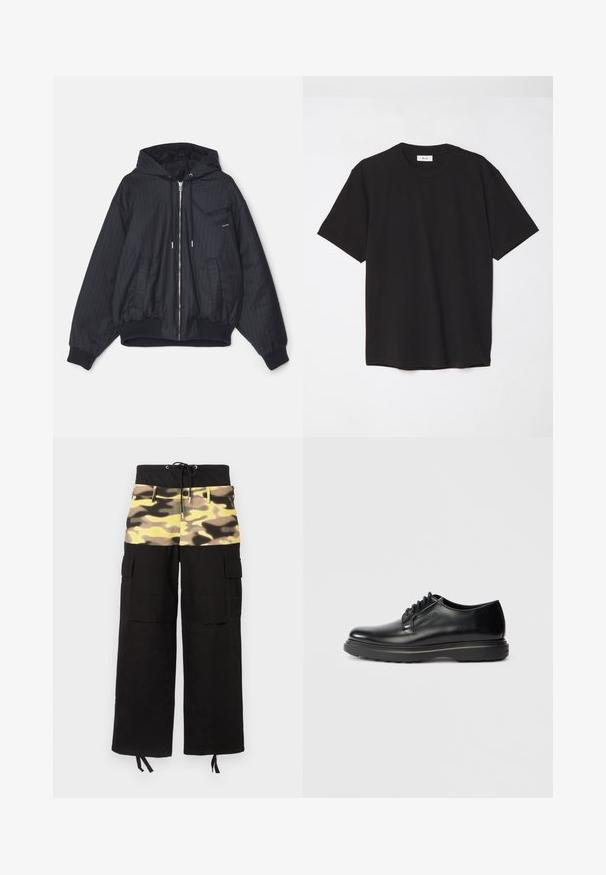 Black hooded bomber jacket with pinstripe design, zip front, elastic cuffs, and pockets. Smooth fabric with quilted lining.; Black cotton t-shirt with a crew neck, short sleeves, and a relaxed fit. Simple design, smooth texture, and no visible patterns or logos.; Cargo pants featuring a black fabric with a camouflage-patterned upper section in shades of yellow, green, and brown; includes adjustable waistband.; Black leather lace-up Oxford shoe with thick sole and "WATERMAN" embossed on side, shown in profile on light gray background.