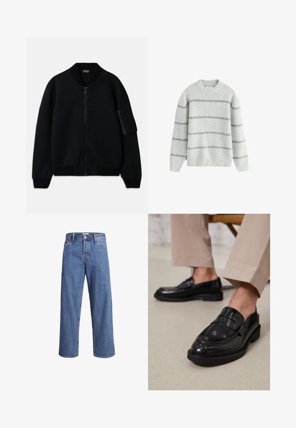 Giacca bomber nera con zip, colletto e polsini a coste, dotata di una tasca con zip sul braccio e una texture liscia.; Maglione a righe grigie realizzato in un morbido tessuto testurizzato. Presenta un colletto rotondo e maniche lunghe con righe orizzontali grigie chiare e scure.; Jeans in denim blu chiaro con una vestibilità dritta, vita alta e dettagli di cucitura minimi. Il tessuto ha una texture morbida e leggermente sbiadita.; Mocassini in pelle nera con finitura liscia, dotati di una cintura decorativa e cuciture a contrasto, abbinati a pantaloni beige.