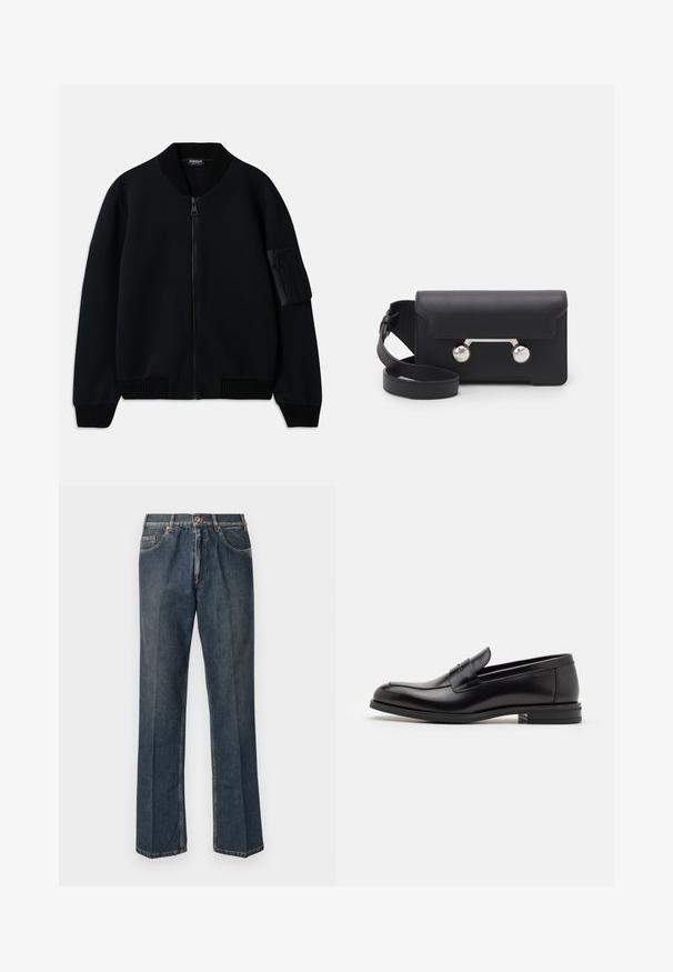 Veste bomber noire à fermeture éclair avec col et poignets côtelés, dotée d'une poche zippée sur le bras et d'une texture lisse.; Pull en tricot de couleur crème avec un col polo, des poignets et un ourlet côtelés, comportant une patte de boutonnage sur le devant et une texture douce.; Jeans en denim droit bleu foncé avec un bouton à l'avant, une fermeture éclair, deux poches avant et des plis verticaux visibles le long des jambes.; Mocassins en cuir noir avec une texture lisse, bout rond et une sangle décorative sur le dessus. Talon bas empilé, design minimaliste.; Sac bandoulière en cuir noir avec un rabat, accessoires en métal argenté et deux accents ronds. Doté d'une bandoulière amovible. Texture lisse.