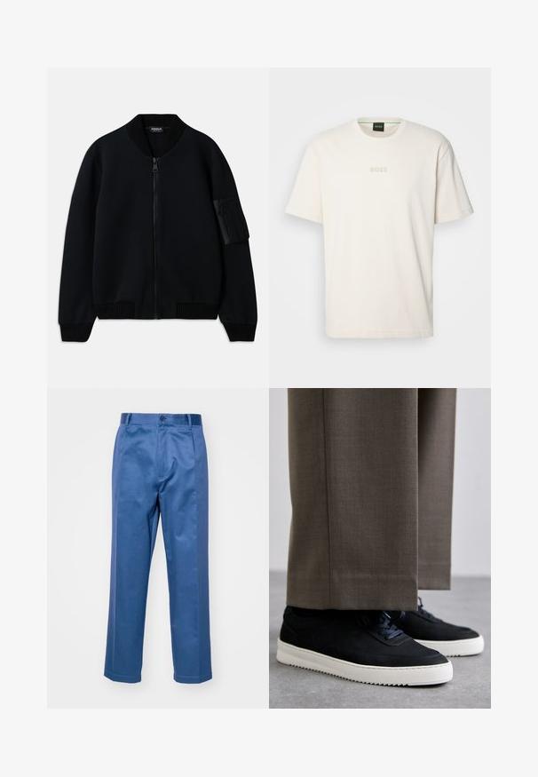 Melns zip-upBomber jakas ar ribotu apkakli un aprocēm, kas apveltīts ar rāvējslēdzēja kabatu uz rokas un gludu tekstūru.; BOSS TEE - Pamata T-krekls - open white; Zili bikses, kas izgatavotas no gluda auduma, ar taisnu kāju dizainu, pogu aizdari un smalkiem šuvuma akcentiem.; Melni zamšaini sporta apavi ar baltām gumijas zolēm, ar noapaļotu purngalu un auklām, valkāti ar pelēkiem piegrieztiem biksēm.