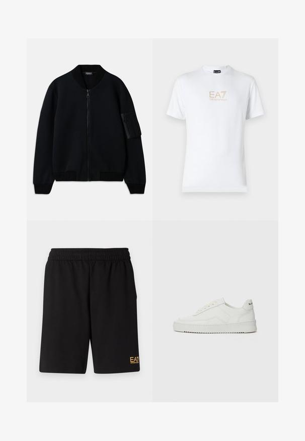 Black zip-up bomber jacket with ribbed collar and cuffs, featuring a zippered arm pocket and a smooth texture.; White cotton t-shirt featuring a round neckline and short sleeves, with a gold EA7 Emporio Armani logo printed on the front.; Black athletic shorts made of soft fabric,Featuring an elastic waistband and a small yellow EA7 logo on the lower left leg.; White leather sneaker with a smooth finish, round toe, flat laces, and a textured sole. Features a subtle logo on the heel.