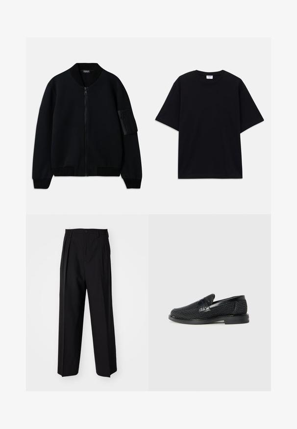 Μαύρο bomber μπουφάν με φερμουάρ, με πλεκτό γιακά και μανίκια, διαθέτει τσέπη με φερμουάρ στον ώμο και λεία υφή.; Μαύρο κοντομάνικο oversized T-shirt με στρογγυλή λαιμόκοψη και ορατή ετικέτα μάρκας Filippa K μέσα στον γιακά.; Μαύροι πιέτες παντελόνια με ίσια, φαρδιά γραμμή. Κατασκευασμένα από λείο ύφασμα, με κλείσιμο με κουμπί και θηλιές για ζώνη.; Μαύρο πλεκτό παπούτσι slip-on με λείο δερμάτινο στοιχείο στο άνω μέρος, στρογγυλή μύτη και χαμηλό καουτσούκ πάτο.