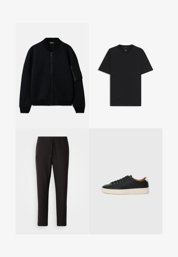 Schwarze Bomberjacke mit Reißverschluss, geripptem Kragen und Bündchen, mit einer Reißverschlusstasche am Arm und einer glatten Textur.; Schwarz T-Shirt mit kurzen Ärmeln aus einem glatten Baumwollmix, mit Rundhalsausschnitt und einem minimalistischen Design ohne Muster oder Akzente.; Schwarze Jogginghose aus glattem Stoff. Mit einem elastischen Bund und Kordelzug, schmal zulaufenden Beinen und ohne sichtbare Taschen. Einfaches Design.; Schwarze Ledersneaker mit glatter Textur, beiger Gummisohle, Schnürdesign und einem kontrastierenden Fersenakzent.