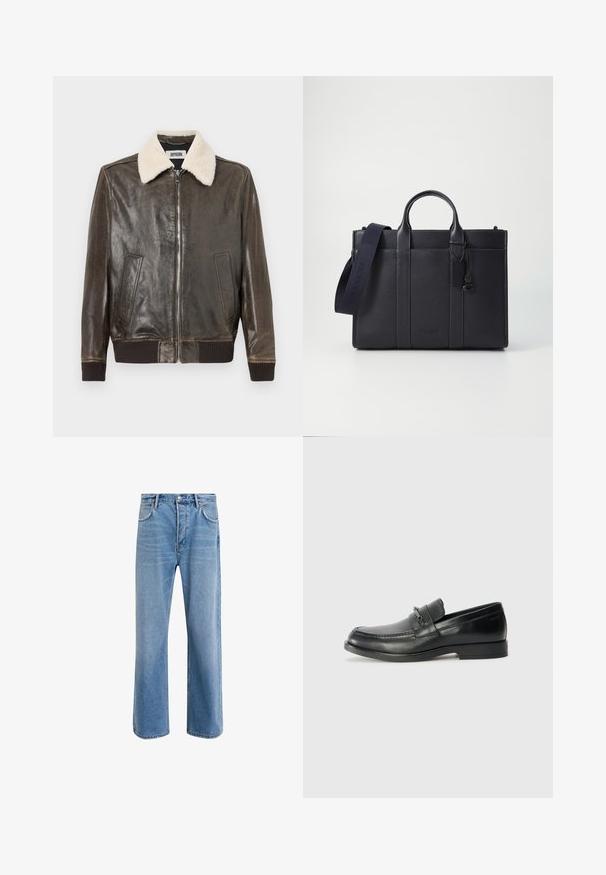 Brun læderjakke med en shearling-krave, frontlynlås, to sidelommer og ribbede manchetter og kant. Glat tekstur, afslappet design.; Langærmet hvid bomulds skjorte med rund halsudskæring, sideslids i bunden og en glat overflade, vist bagfra.; Lyseblå denim jeans med lige ben-design, fem lommer, knaplukning, minimal falming og kontraststingdetaljer.; Sorte læder loafers med rund tå, prydet med en syet design, en lille frontrem med hardware detaljer og en flad gummisål.; Mørkeblå læderaktet med dobbelte topgreb og en aftagelig rem. Har tekstureret overflade, lodret syning og logodetalje.
